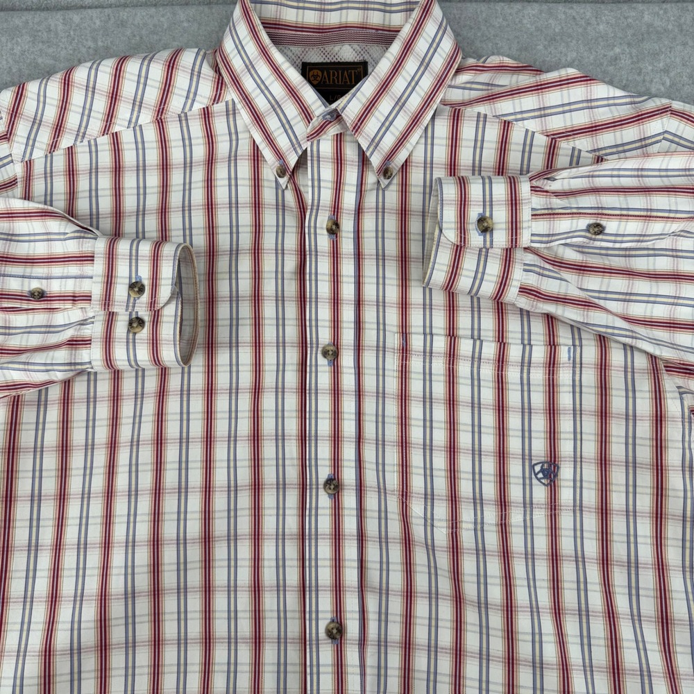 Ariat Mens Large Button Down Shirt Plaid Red Blue Long Sleeve Western Cowboy